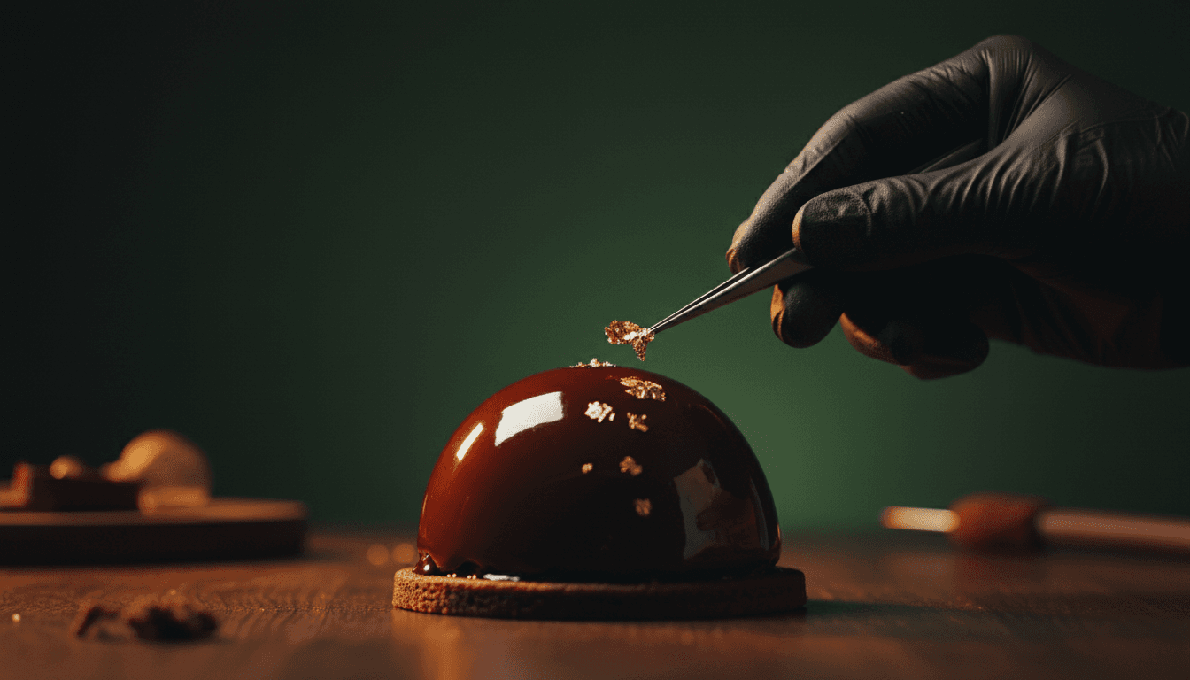 Hands adding gold leaf to a chocolate dessert in dark lighting