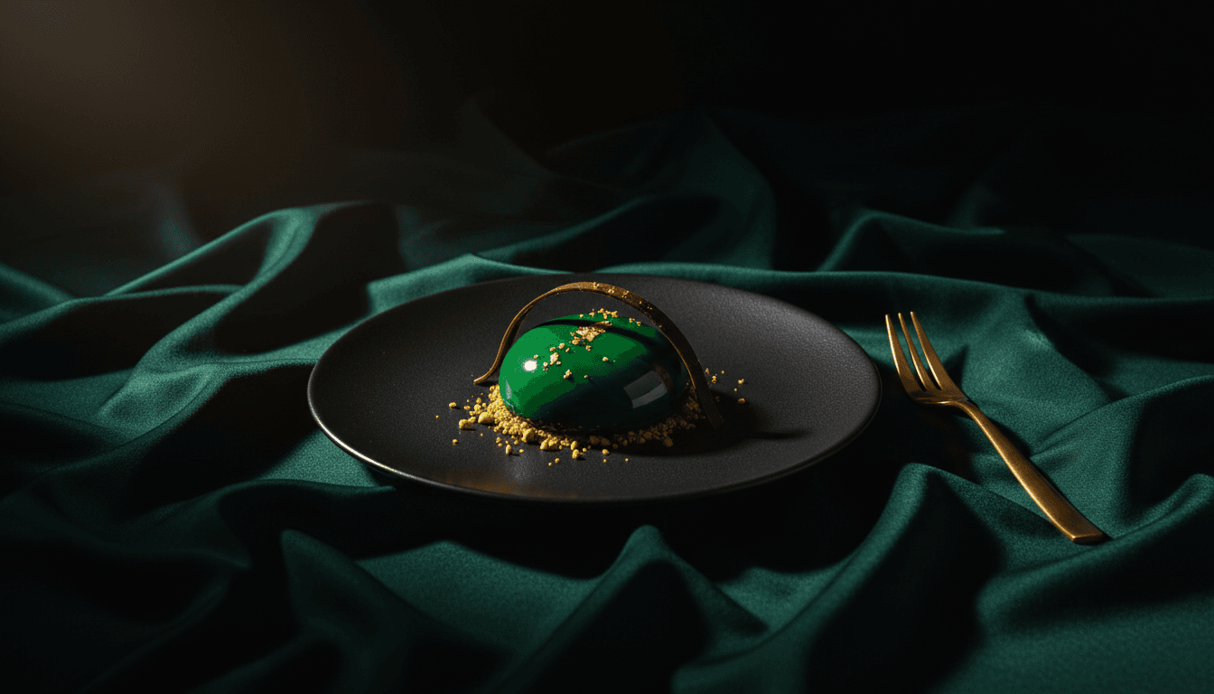 Elegant artisan dessert plated on dark ceramic with gold accents