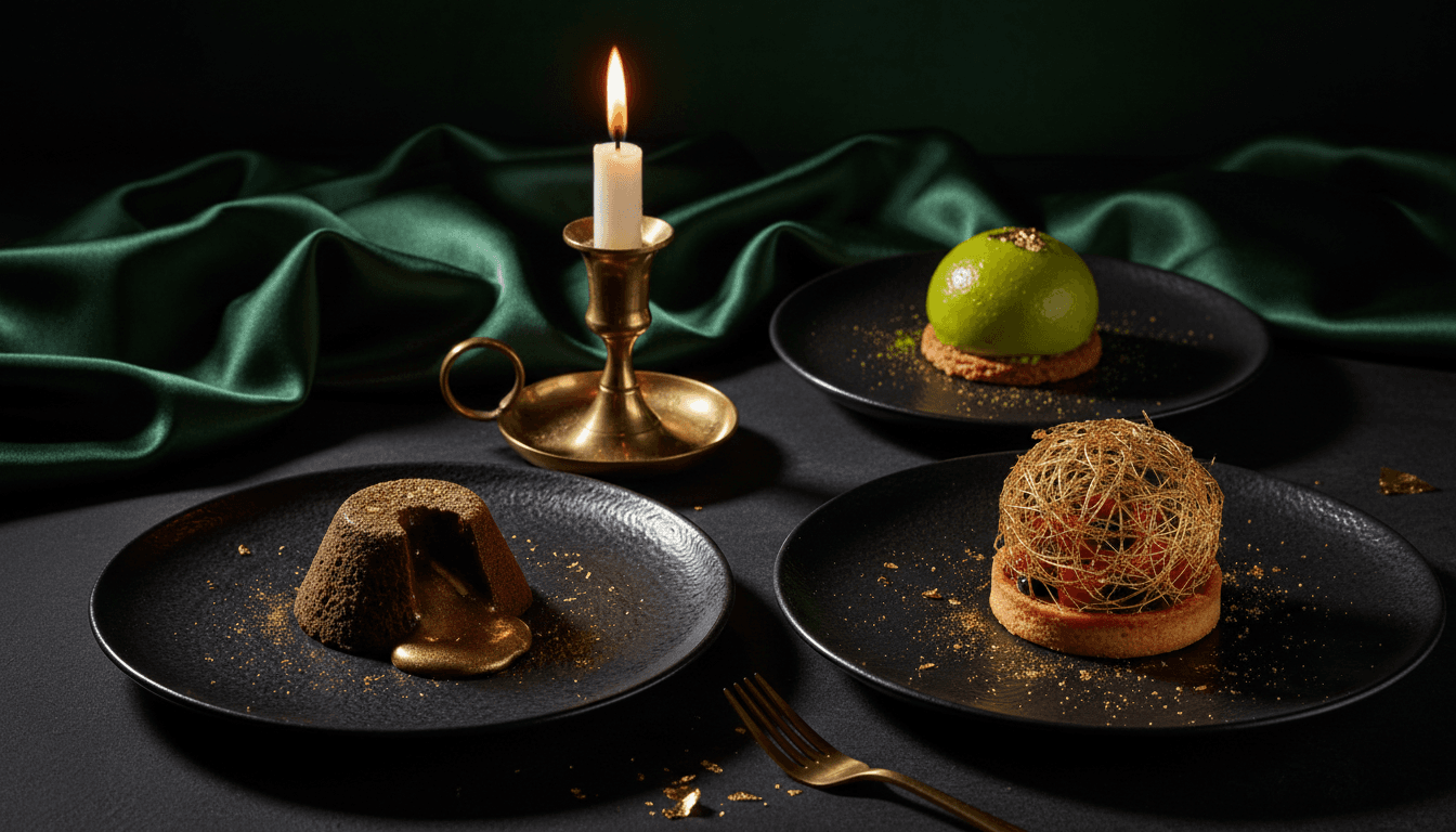 Elegant dark dessert with gold accents in candlelit setting